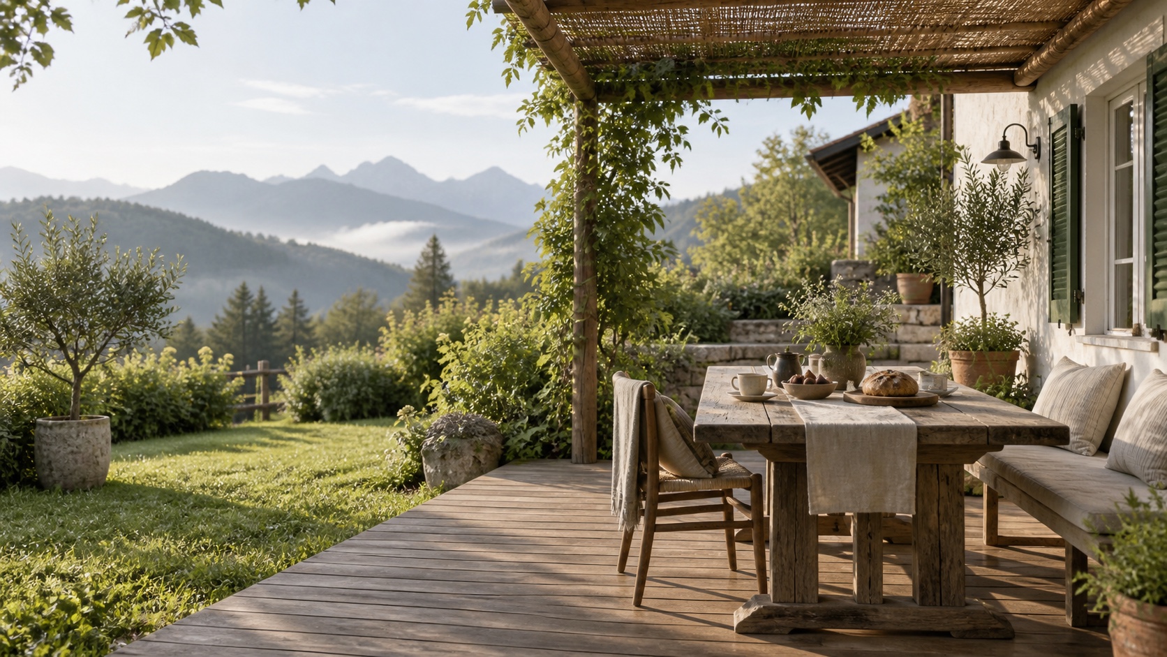 Konzept eines ruhigen Gästehausgartens mit Bambusholz-Terrasse und altem Holztisch